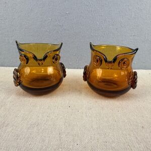 Vintage Pair Blenko Amber Art Glass Owl Votive Candle Holders MCM 4"